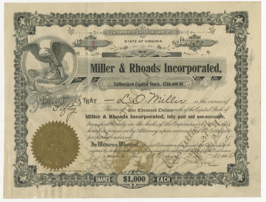 C1:120 Miller & Rhoads Stock Certificate, issued to L.O. Miller, Februrary 19, 1906. (LVA 10_1319_012)