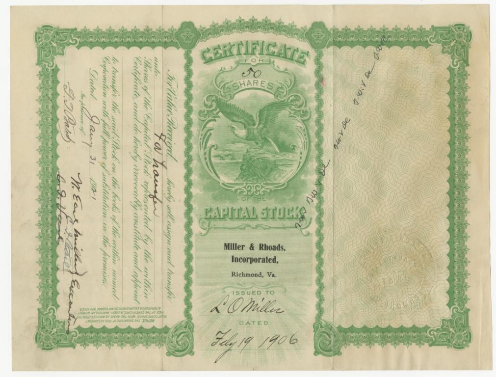 C1:120    Miller & Rhoads Stock Certificate, issued to L.O. Miller, Februrary 19, 1906.  (LVA 10_1319_013)