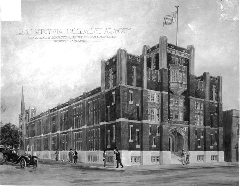 C1:143   Presentation drawing for the First Virginia Regiment Armory at 7th and Marshall Streets, Richmond, Virginia. Also known as the Richmond Grays Armory. The armory was built in 1913 to replace the 1882 armory on the same site.   Carneal & Johnston Negative Collection  (LVA 10_0038_cj_027)
